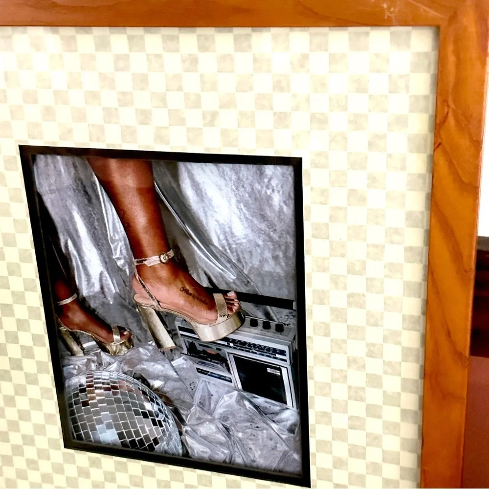 Hot Girl Disco Ball Boombox Dancing Checker Matted Wood Framed Canvas Print Art
